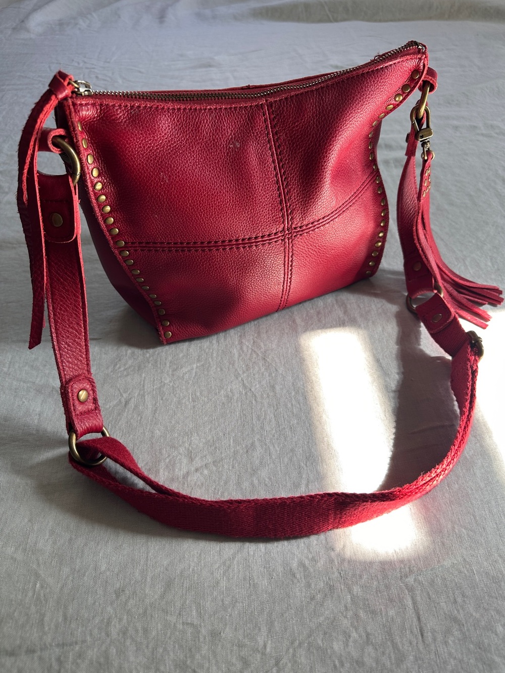 THE SAK Silverlake Crimson Red Pebbled Leather Crossbody Studded Tassel Bag